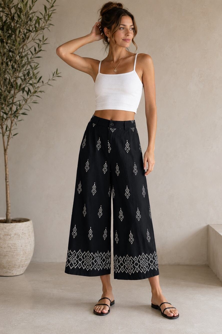 Adrianna Papell Black Embroidered Wide Leg Culotte Pants Linen Blend Size 10